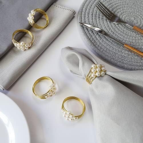 wonlex Thanksgiving Napkin Rings Set of 12, Pearl Napkin Ring Holder for Tables, Holiday, Wedding Reception (Gold Pearls)