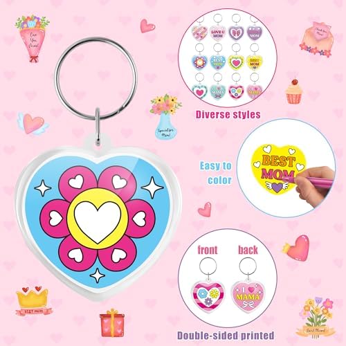 BeYumi Mother's Day Keychains Craft - 24Pcs Color Your Own Acrylic Heart Keychain Bulk DIY Best Mom Key Ring Set for Kids Love U Mom Thankful Coloring Card School Classroom Party Favor Gifts Activity