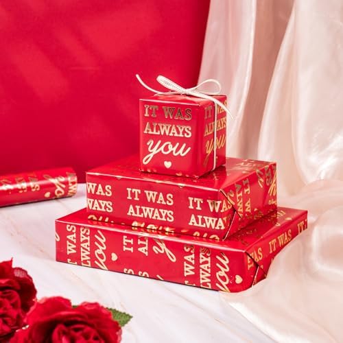 WRAPAHOLIC Valentines Day Wrapping Paper Roll - Mini Roll - 17 Inch x 16.5 Feet - Red Wrapping Paper with Gold Foil It Was Always You for Valentine's Day, Anniversary, Birthday, Wedding