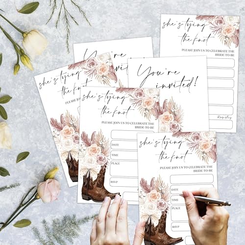 Bridal Shower Invitations, 25 Cowgirl Invites with Envelopes for Bridal Shower Reception Engagement Party, Country Floral Wedding Cards - D06