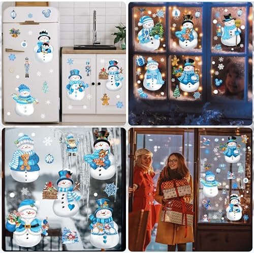 BORAMDO Christmas Window Clings 13 Sheets Snowflake Snowman Decorations