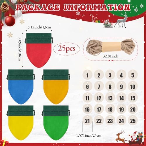 25 Pcs Christmas Lights Advent Calendar Bags 25 Days