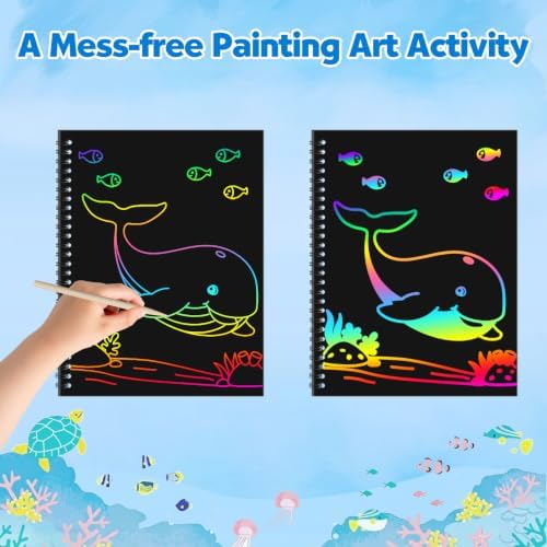 ZMLM Scratch Paper Art Craft: 2 Pack Rainbow Scratch Set for 3 4 5 6 7 8 9 10 Years Old Girls Boys Students Drawing Coloring Black Magic Art Supplies Kits Gifts School Birthday Party Toys (Ocean)