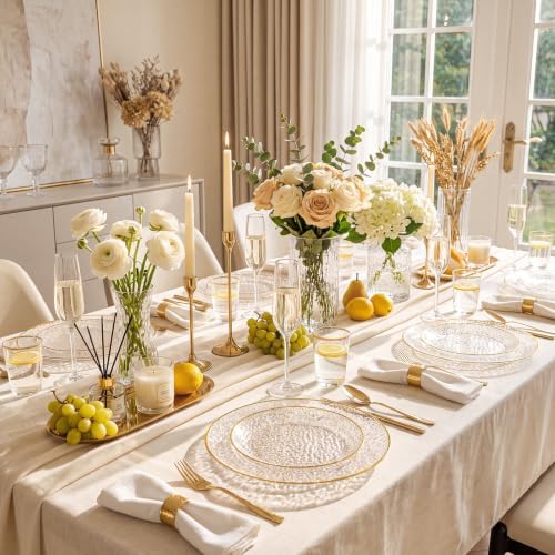 Rubtlamp 60Pcs Clear Gold Plastic Plates, Gold Glitter Disposable Plates, Hammered Plastic Plates Included 30 Dinner Plate And 30 Dessert Plates for Party
