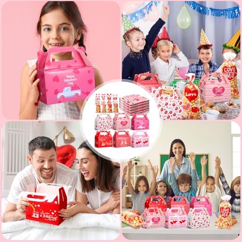 ReliThick 80 Pack Valentine's Day Treat Box with Cellophane Bags Heart Goodie Cookie Candy Boxes for Treats Valentine Gift Bag for Party(Chic)