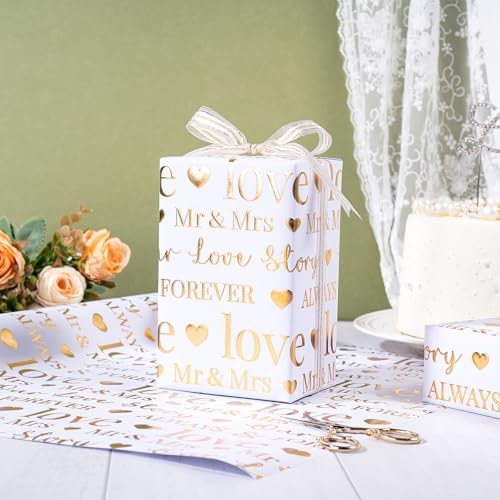 RUSPEPA Wrapping Paper Roll, Bridal Shower Gift Wrap, Mini Roll, 17 Inches x 16.5 Feet, White and Gold Foil LOVE Design for Wedding, Anniversary, Engagement (Pack of 3)