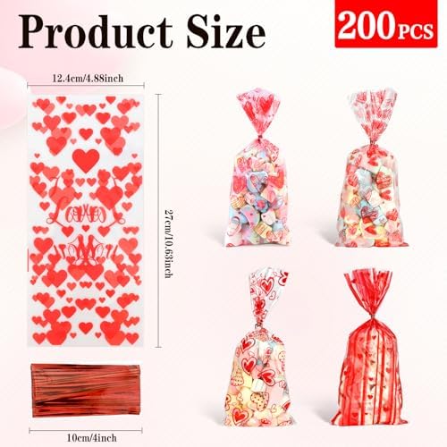 Valentine Treat Bags, 200 Pcs Valentines Cellophane Bags, Plastic Clear Red Valentine Candy Cookie Gift Goodie Snack Bag with 100 Pcs Twist Ties for Valentines Wedding Party Favor Supplies, 5 Styles