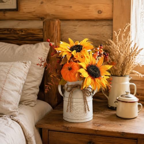 Fall Thanksgiving Centerpieces for Dinner Tables, Faux Floral Metal Potted Plants with Maple Leaf Pumpkin Berry Stems, for Indoor Kitchen Home Autumn Farmhouse Mantel Decor