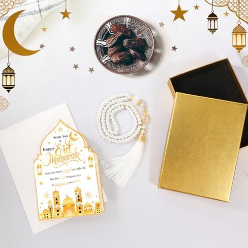 HOWAF Eid Gifts Set with Mosque Shape Card & Prayer Beads, Ramadan Mubarak Greeting Card with Envelope and Ramadan & Eid Pearl Zikirmatic Beads with Box, Islamic Present for Women, Muslim Celebration Gift Set