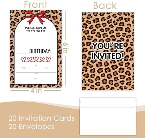Cheetah Print Birthday Party Invitation, Red Bow Double-Sided Fill In Style Invites with Envelopes for Birthday, Coquette Style Party Invitation For Teens,Adults, Bday Party Favor & Decoration