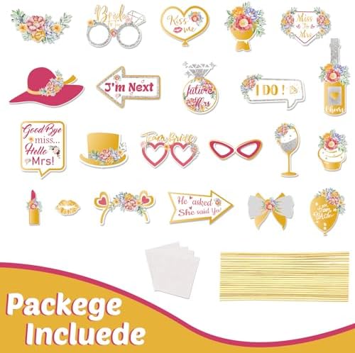 22 Pcs Bridal Shower Photo Booth Props Funny Gold Bachelorette Party Selfie Props Decoration Supplies Ideas Favors