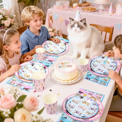 144PCS Cats Birthday Party Plates Set, Blue Pink Birthday Party Supplies