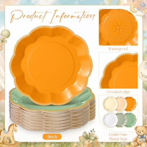 72 Pcs A Little Cutie Paper Plates 9 Inch Sage Green Orange Gradient Scalloped Paper Disposable Dinner Dessert Plates for Baby Shower Summer Birthday Wedding Bridal Party Supplies, 6 Colors