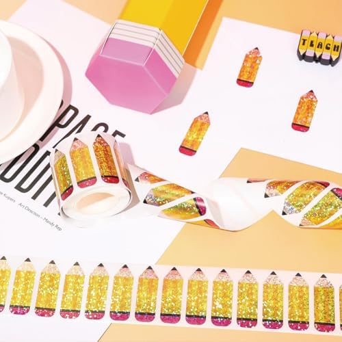 500Pcs Back to School Pencil Stickers Roll 1in Laser Pencil Waterproof Decals Self-Adhesive Sparkly Stationery Stickers for First Day of School Party Supplies Envelope Scrapbook Decorations