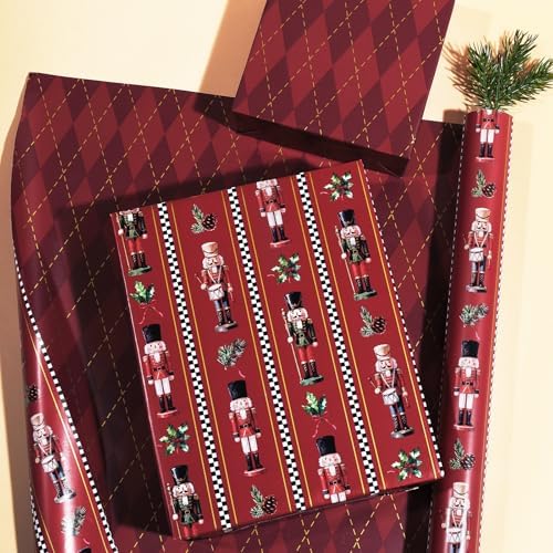 LaRibbons Nutcracker Christmas Wrapping Paper, Red Gold Foil Argyle Plaid