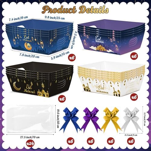 OSNIE Eid Mubarak Gift Bag Empty Baskets - 24 Sets Islamic Eid Gold Lantern and Moon Party Gift Baskets Empty with Cellophane Bags and Ribbons Bows for Festivals Holiday Business Carnival (4 Styles)