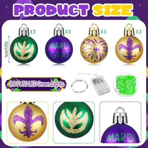 Vicenpal 14 Pcs 5 ft Mardi Gras Decoration Carnival Pop up Tree Kit Collapsible Tinsel Tree with 13 Pcs Mardi Gras Ball Ornaments Green String Lights Hanging for Home Indoor Outdoor Party Supplies