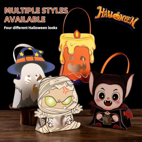 CcXxMming 30 PCS Halloween Treat Boxes with Handles and Stickers, 4 Designs Ghost Mummy Vampire Candle, Medium Size, Halloween Candy Gift Boxes and Goodie Bags with Transparent Window, Party Favors