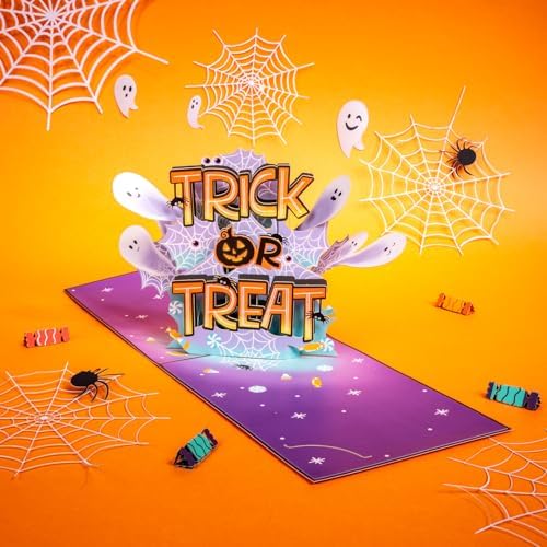 POPWOW Trick Or Treat Pop Up Card, Happy Halloween, Ghost, Spider Silk, Scary 3D Greeting Cards, Gifts for Boy, Girl, Friend, Kid, Brother, Sister, 5x7 - Includes Envelope And Message Note