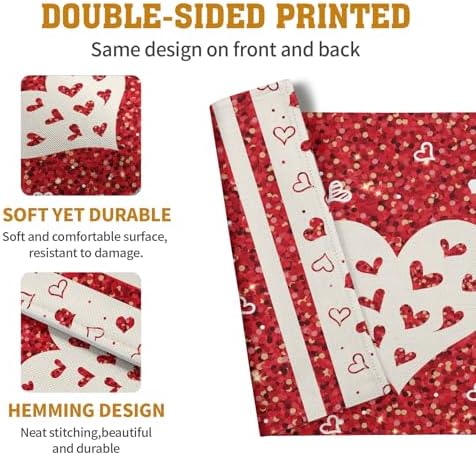 Valentine Hearts Placemats Set of 4, 12x18 Inch Red White Love Heart Linen Table Mats Romantic Wedding Heat Resistant Washable Place Mat for Party Kitchen Dining Outdoor Indoor Decor