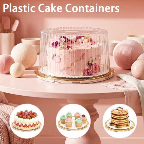 Fasmov 5 Pack Disposable Plastic Cake Containers with Carrier Holder, 10 Inch Round Bundt Cake Boxes Clear Cupcake Holder for 1-2 Layer Cheesecake, Desserts, Bundt Cake Pie Bakery Supplies