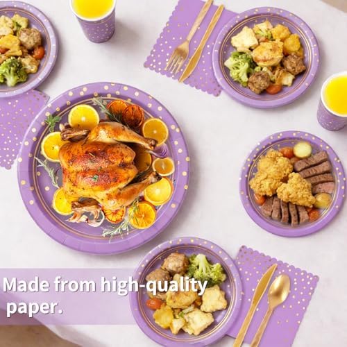 168Pcs Purple and Gold Paper Plates and Napkins Party Supplies for 24 Guest
