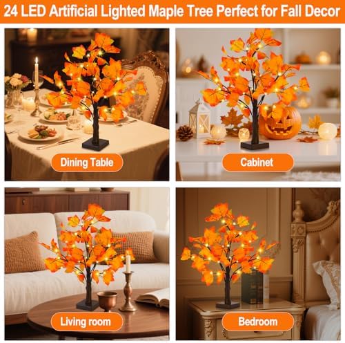 Fall Decor 2 Pack Fall Trees Artificial Lighted Maple Tree Thanksgiving Decor 48 LED Table Fall Lights Up Tree Battery Operated for Wedding Party Gifts Indoor Outdoor Autumn Harvest Home Decorations