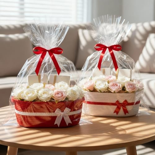 Colingmill 2 Pack Small Woven Gift Basket Empty with Wrap, Red and White