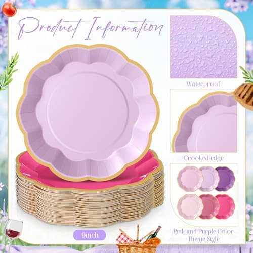 72 Pcs Pink and Purple Paper Plates 9 Inch Disposable