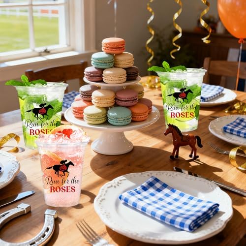 Whaline 50 Pcs 12 Oz Derby Disposable Cup Run for Roses Plastic Party Cup Clear Glasses for Coffee Juice Drink Decorations Party Supplies
