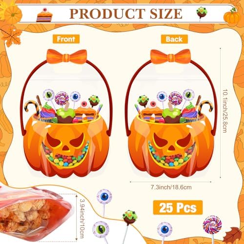 Fuutreo 25 Pcs Halloween Treat Bags with Handles, Pumpkin Plastic