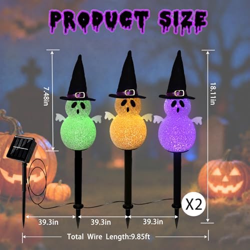 BRIGHTDECK Halloween Solar Pathway Lights Outdoor, LED Decor, Light Up Solar Stake Lights for Holiday, Halloween, Walkway, Sidewalk (Multicolor Hat Ghost, 6-Pack)
