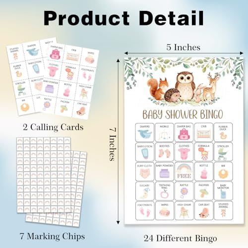 Woodland Baby Shower Bingo Game for Adults, 24 Players Animals Baby Shower Bingo Cards, Fun Gender Reveal Party Game for Family, Large Group Baby Shower Party Activities Supplies