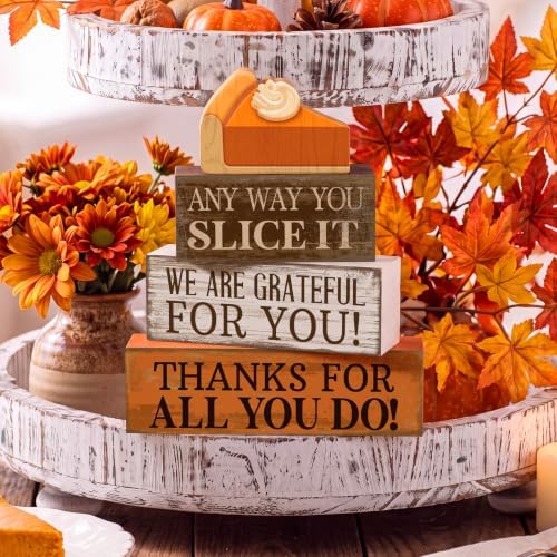 Moucuny 4 Pcs Fall Coffee Table Decor, Grateful Pumpkin Pie Wood Block Sign