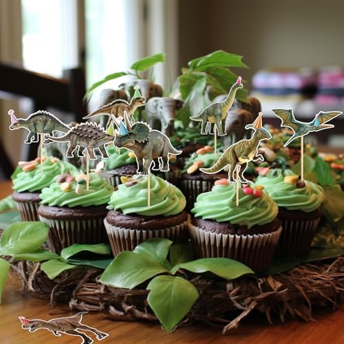 Hooqict 40Pcs Dinosaur Cupcake Toppers Dinosaur Birthday Cake Decorations Cupcake Toppers for Kids Boys Girls Dino Themed Baby Shower Birthday Party Decorations Supplies
