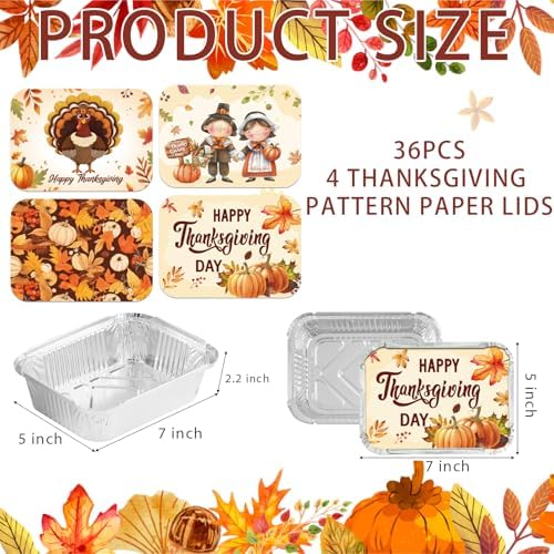GREHUMOR 36Pcs Thanksgiving Leftover Containers with Lids, Fall Festive To Go Food Containers, Thanksgiving Tin Foil Containers Thanksgiving Foil Food Pan for Thanksgiving Party Disposable Containers