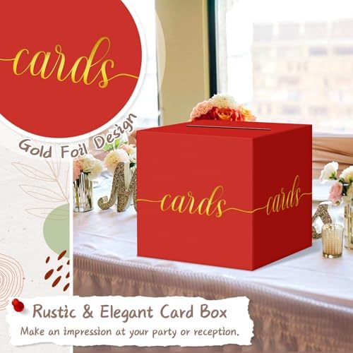 QIKSION Elegant Red Graduation Card Box, Gold Foil Gift Card Box for Party