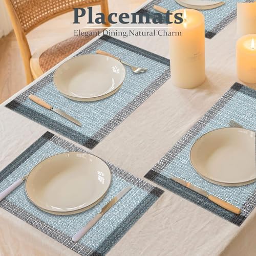 Bloss Blue Grey Boho Placemats Set of 4-12x18Inch Washable Table Mats