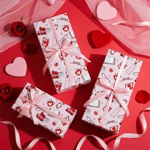 WRAPAHOLIC Valentines Day Wrapping Paper Roll - Mini Roll - 17 Inch x 16.5 Feet - Pink Love Hearts, Roses, Book Wrapping Paper, Perfect for Valentine’s Day, Wedding, Anniversary