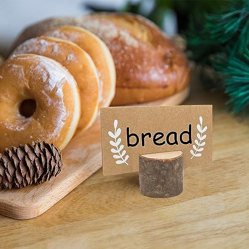 12Pcs Rustic Wood Place Card Holders with 15Pcs Kraft Place Cards, Wooden Tables Number Holder, Table name card holders Photo Clips, for thanksgiving Wedding Birthday Party.