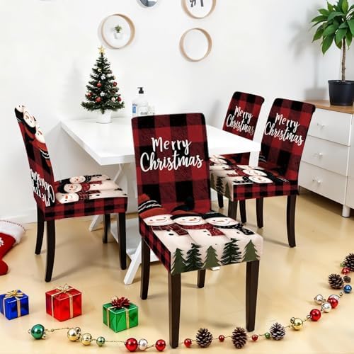 Merry Christmas Snowman Chair Covers Set of 4, Stretchable Dining Chair Slipcovers with Red Plaid and Christmas Trees for Holiday Decor