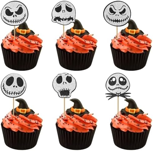Halloween Cupcake Toppers, Cake Decorations, 12PCS Glitter Skull Jack Cake Toppers for Nightmare Before Christmas, Ghost