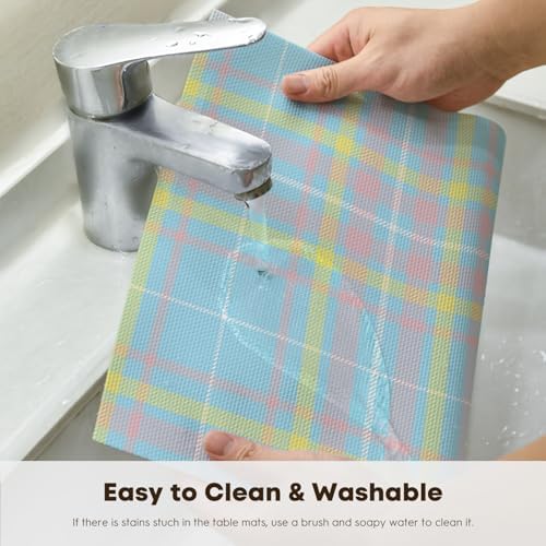 Artoid Mode Blue Striped Check Vinyl Placemats Set of 4, Heat Resistant Non-Slip Woven Plastic PVC Place Mats for Party Kitchen Dining Decor
