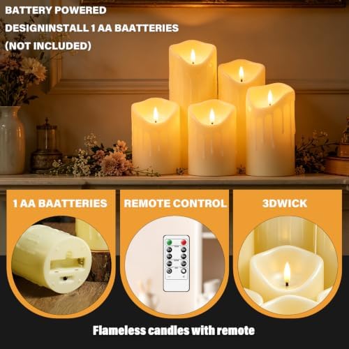 Nimiko Flameless Candles with Remote, Battery Operated Flickering Flameless Candles, LED Candles with Timer 2/4/6/8H, Realistic Drop Wax flameless Candle Set of 9 (D3 x H 3" 4" 5" 6" 7") (Ivory)