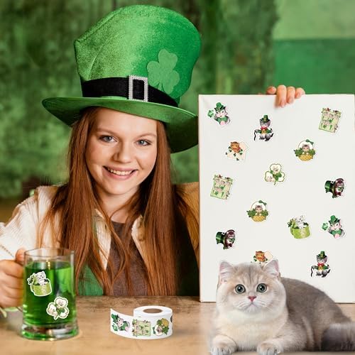 Eartim St Patrick's Day Vintage Cat Sticker Rolls Lucky Charms Stickers