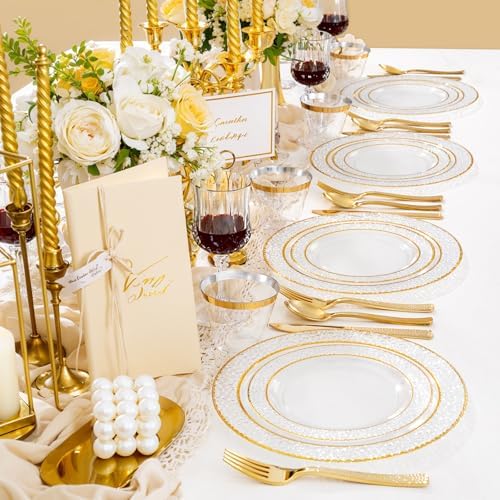 Ciaell 150PCS Clear Gold Plastic Plates - Disposable Gold Rim Plates include 25Dinner Plate, 25Dessert Plate, 25Forks, 25Knives, 25Spoons, 25Cups for Wedding & Party (Pack of 2)