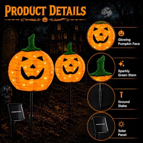 Solar Halloween Pumpkin Lights, 4 Pack Outdoor Pathway Stake Lights