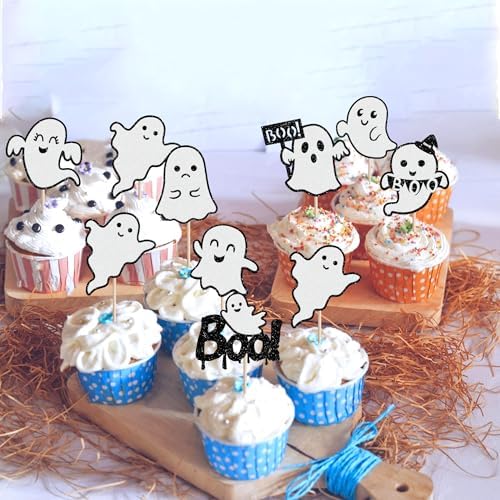 24 PCS Ghost Boo Cupcake Toppers Glitter Little Boo Ghost Cupcake Picks Halloween Party Decorations for Halloween Theme Spooky Baby Shower Kids Birthday Party Cake Decorations Supplies Black