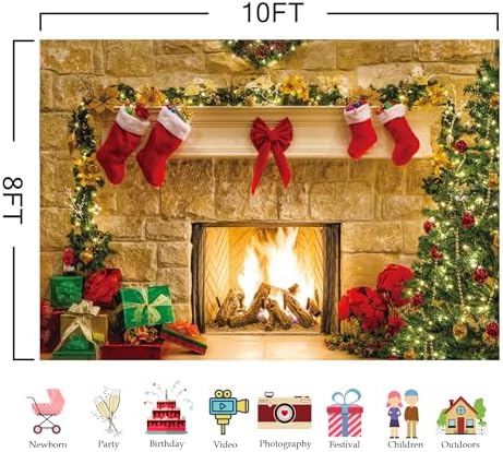 10x8ft Christmas Fireplace Theme Backdrop for Photography