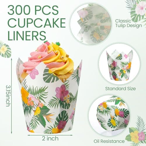 Maxdot 200 Pcs Hawaiian Tulip Cupcake Liners for Baking Palm Leaf Hibiscus Paper Muffin Baking Cups Tropical Luau Tulip Muffin Liners Wrappers for Summer Hawaii Birthday Party